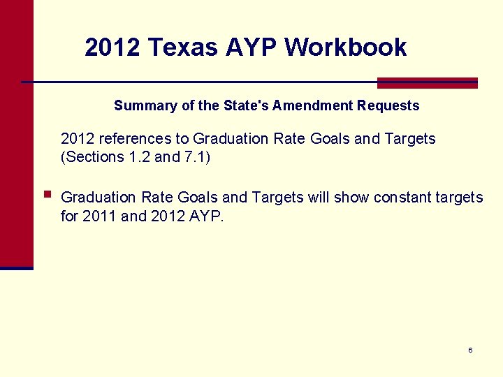 2012 Texas AYP Workbook Summary of the State's Amendment Requests 2012 references to Graduation