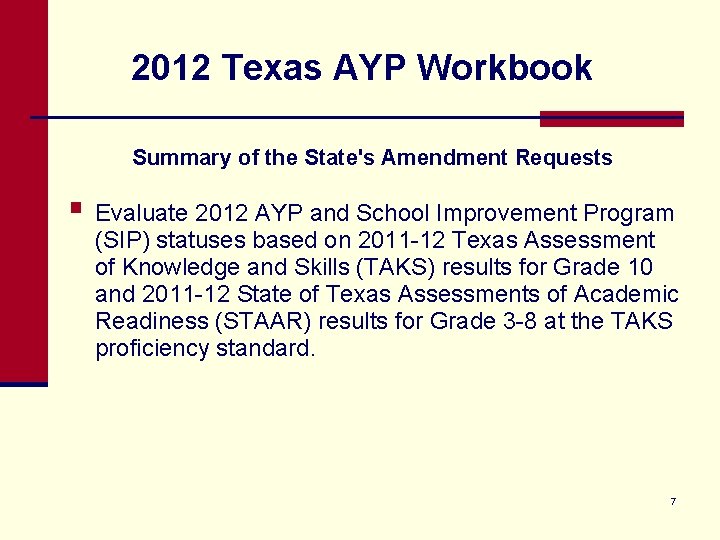 2012 Texas AYP Workbook Summary of the State's Amendment Requests § Evaluate 2012 AYP