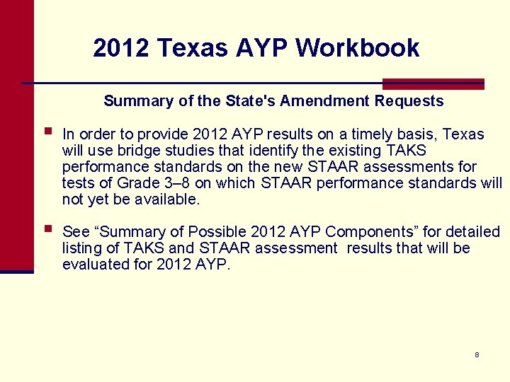 2012 Texas AYP Workbook Summary of the State's Amendment Requests § In order to