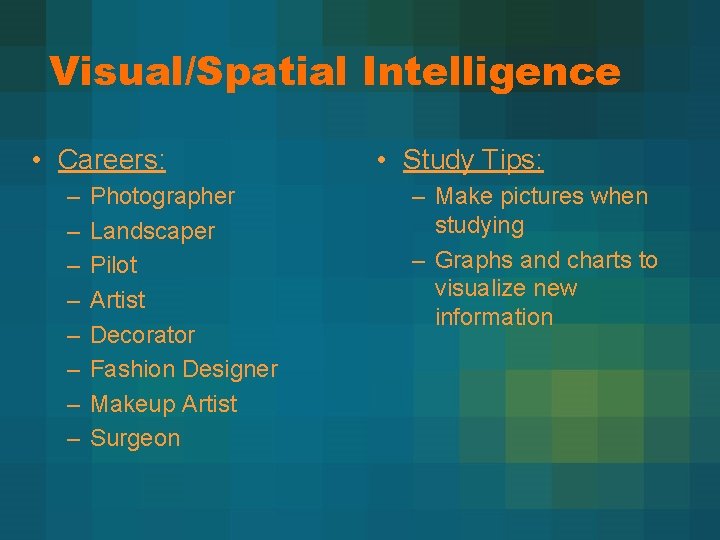 Visual/Spatial Intelligence • Careers: – – – – Photographer Landscaper Pilot Artist Decorator Fashion