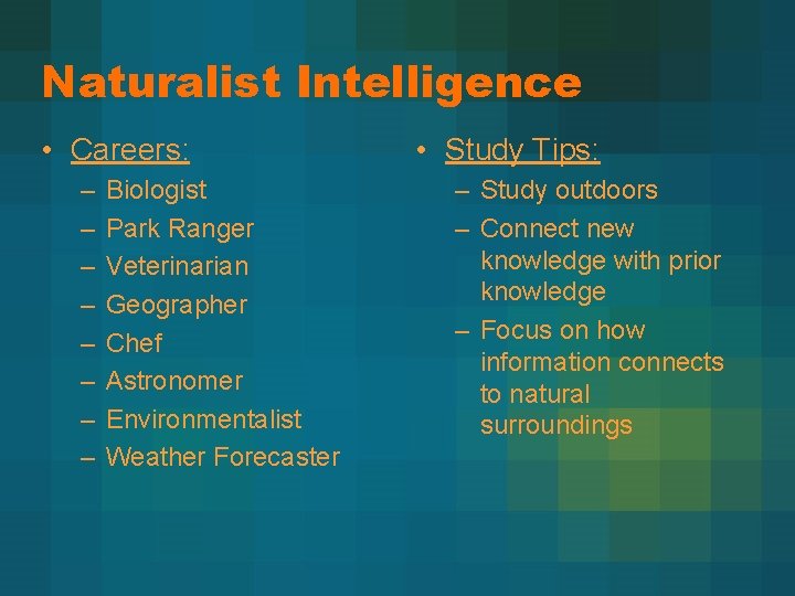 Naturalist Intelligence • Careers: – – – – Biologist Park Ranger Veterinarian Geographer Chef