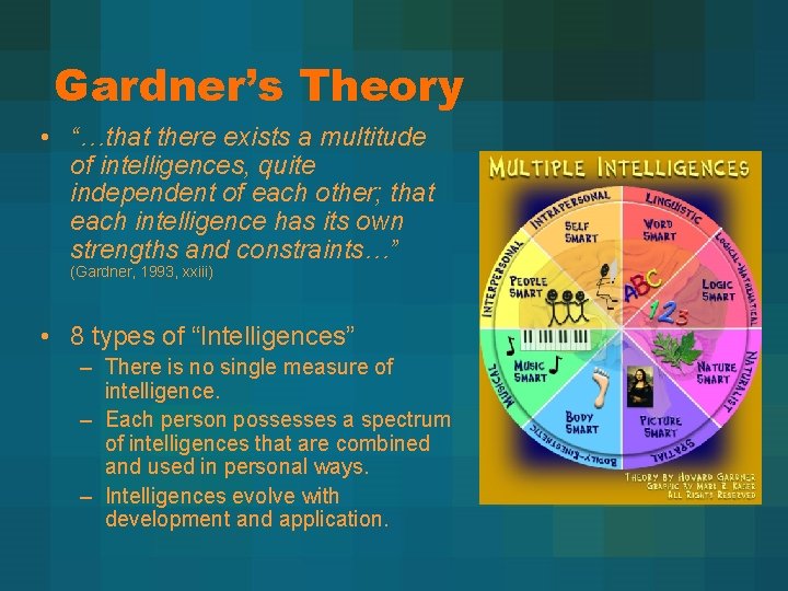 Gardner’s Theory • “…that there exists a multitude of intelligences, quite independent of each