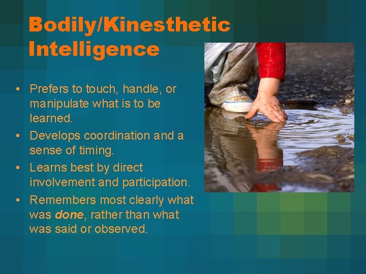 Bodily/Kinesthetic Intelligence • Prefers to touch, handle, or manipulate what is to be learned.