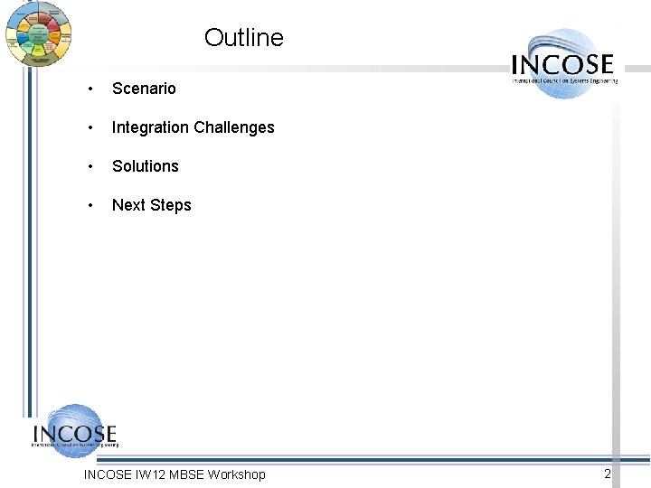Outline • Scenario • Integration Challenges • Solutions • Next Steps INCOSE IW 12 Outline • Scenario • Integration Challenges • Solutions • Next Steps INCOSE IW 12