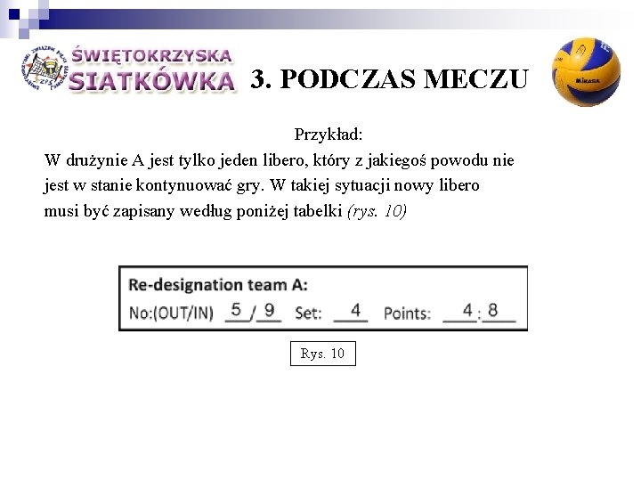 3. PODCZAS MECZU Przykład: W drużynie A jest tylko jeden libero, który z jakiegoś