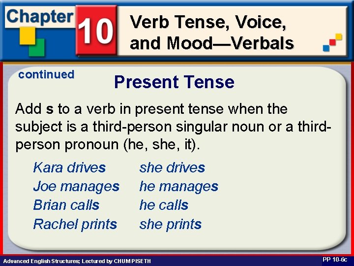 Verb Tense, Voice, and Mood—Verbals continued Present Tense Add s to a verb in