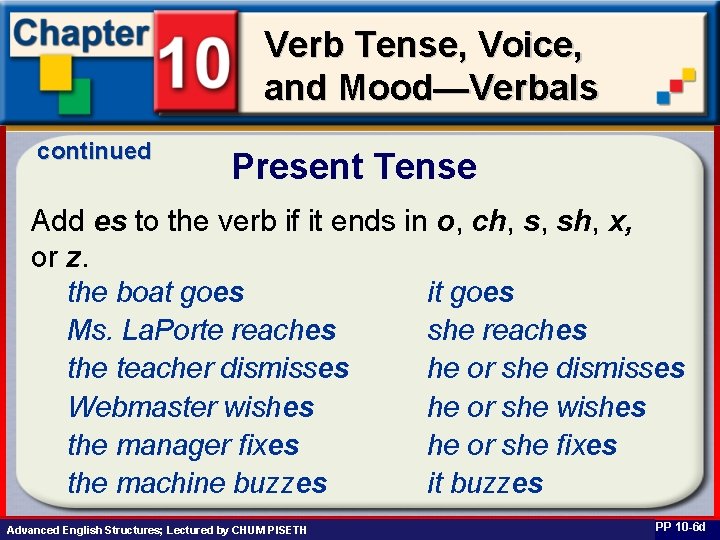 Verb Tense, Voice, and Mood—Verbals continued Present Tense Add es to the verb if