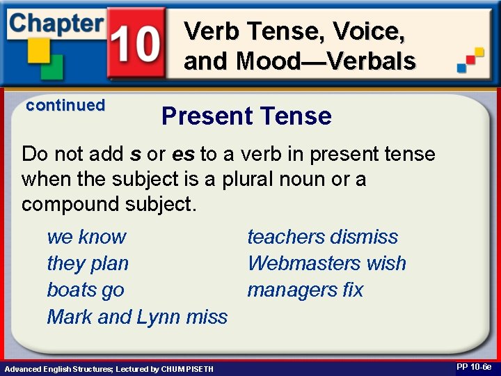 Verb Tense, Voice, and Mood—Verbals continued Present Tense Do not add s or es