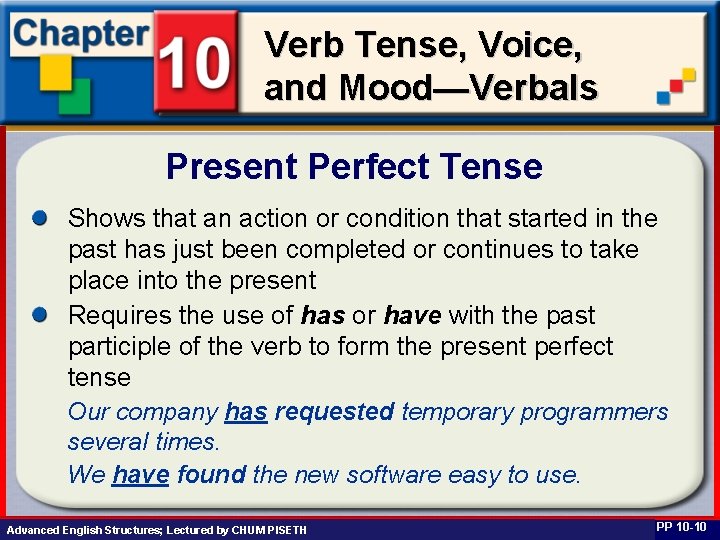 Verb Tense, Voice, and Mood—Verbals Present Perfect Tense Shows that an action or condition