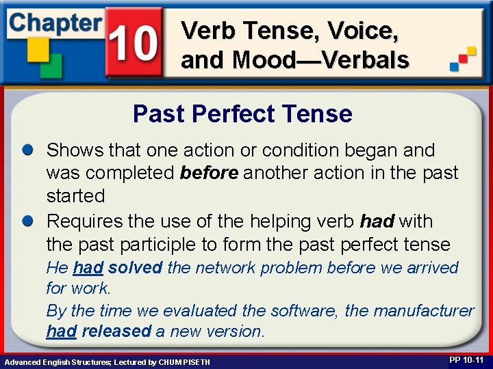 Verb Tense, Voice, and Mood—Verbals Past Perfect Tense Shows that one action or condition