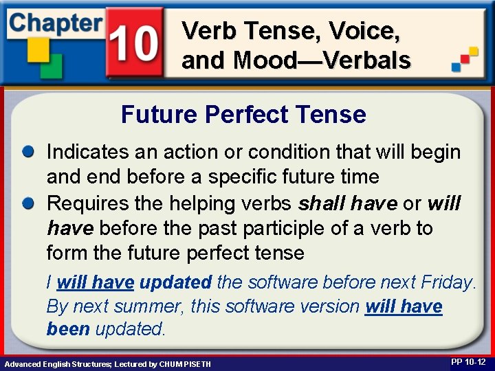 Verb Tense, Voice, and Mood—Verbals Future Perfect Tense Indicates an action or condition that