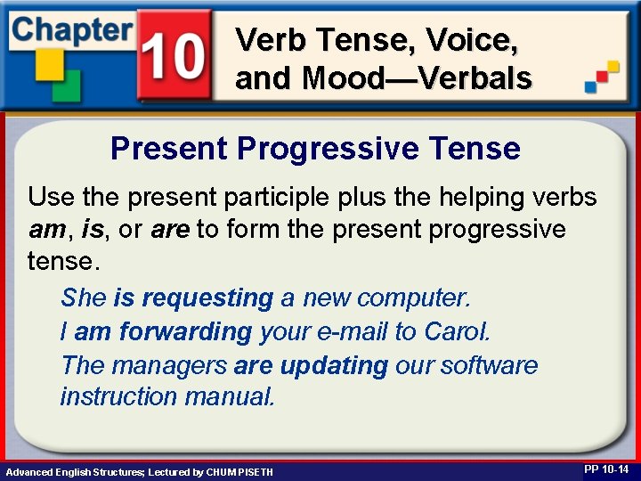 Verb Tense, Voice, and Mood—Verbals Present Progressive Tense Use the present participle plus the