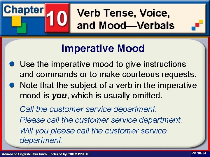 Verb Tense, Voice, and Mood—Verbals Imperative Mood Use the imperative mood to give instructions