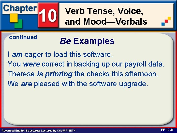 Verb Tense, Voice, and Mood—Verbals continued Be Examples I am eager to load this