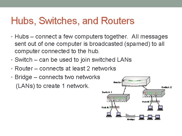 Hubs, Switches, and Routers • Hubs – connect a few computers together. All messages