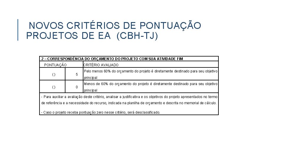 NOVOS CRITÉRIOS DE PONTUAÇÃO PROJETOS DE EA (CBH-TJ) 2 – CORRESPONDÊNCIA DO ORÇAMENTO DO