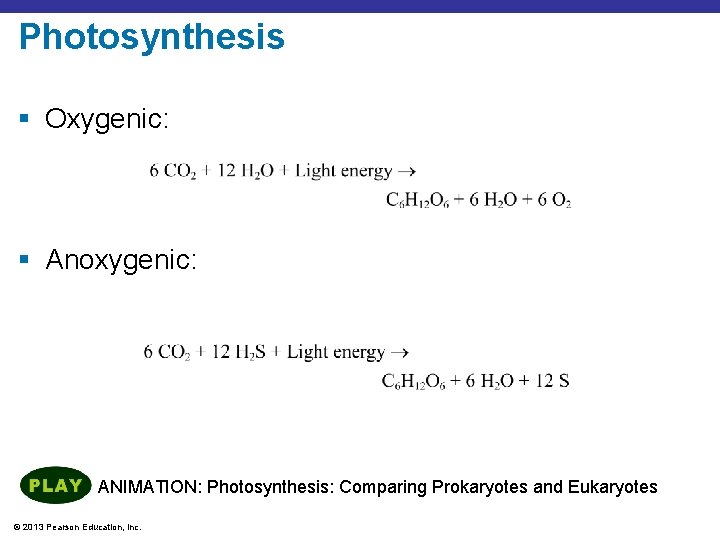 Photosynthesis § Oxygenic: § Anoxygenic: ANIMATION: Photosynthesis: Comparing Prokaryotes and Eukaryotes © 2013 Pearson