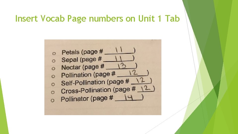 Insert Vocab Page numbers on Unit 1 Tab 