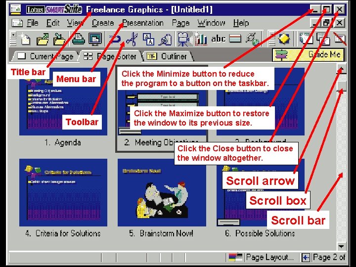 Title bar Menu bar Toolbar Click the Minimize button to reduce the program to Title bar Menu bar Toolbar Click the Minimize button to reduce the program to