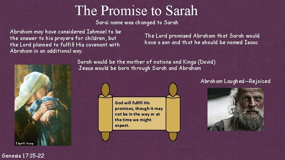 The Promise to Sarah Sarai name was changed to Sarah Abraham may have considered