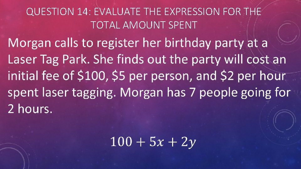 QUESTION 14: EVALUATE THE EXPRESSION FOR THE TOTAL AMOUNT SPENT 