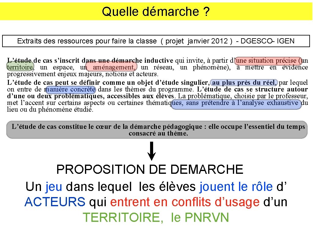 Quelle démarche ? Extraits des ressources pour faire la classe ( projet janvier 2012