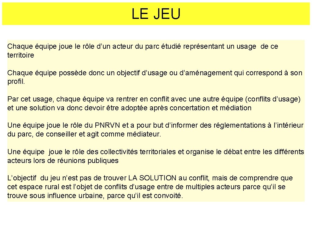 LE JEU Chaque équipe joue le rôle d’un acteur du parc étudié représentant un