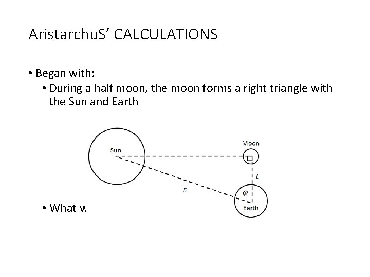 Aristarchu. S’ CALCULATIONS • Began with: • During a half moon, the moon forms