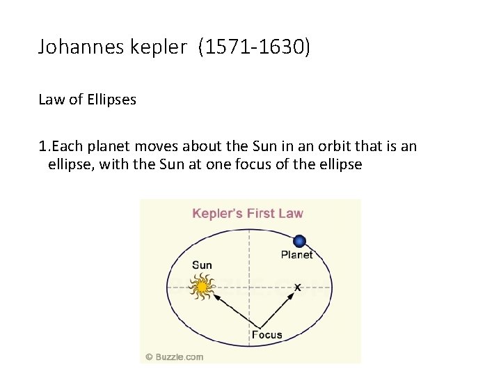 Johannes kepler (1571 -1630) Law of Ellipses 1. Each planet moves about the Sun