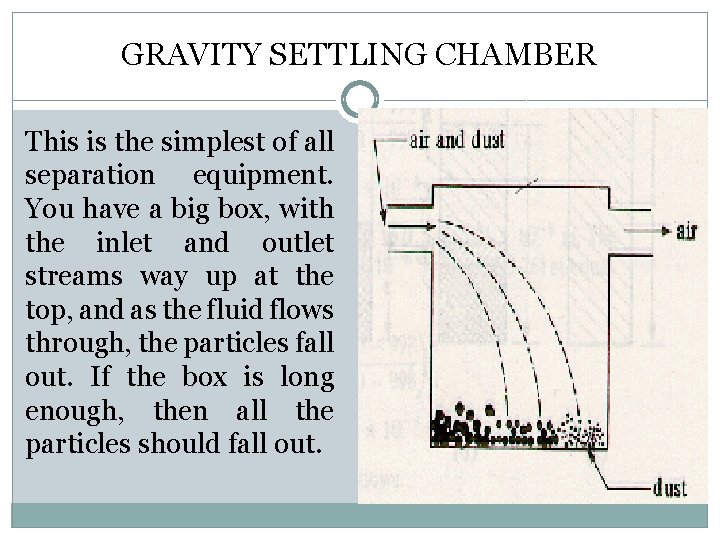 GRAVITY SETTLING CHAMBER This is the simplest of all separation equipment. You have a
