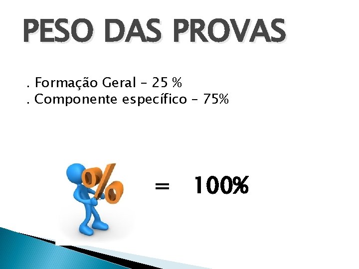 PESO DAS PROVAS. Formação Geral – 25 %. Componente específico – 75% = 100%