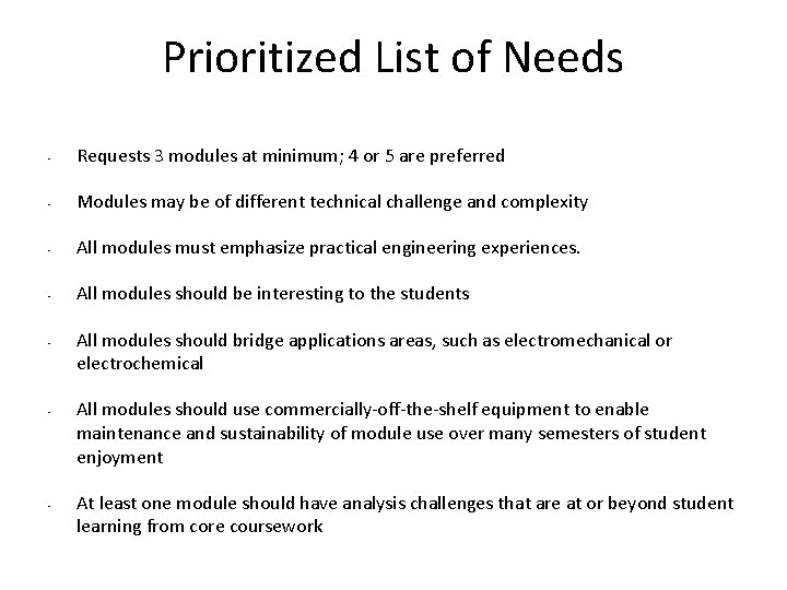 Prioritized List of Needs • Requests 3 modules at minimum; 4 or 5 are