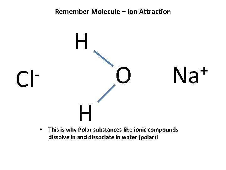 Remember Molecule – Ion Attraction H O Cl H + Na • This is