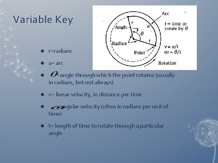 Variable Key r=radians a= arc =angle through which the point rotates (usually in radians, Variable Key r=radians a= arc =angle through which the point rotates (usually in radians,