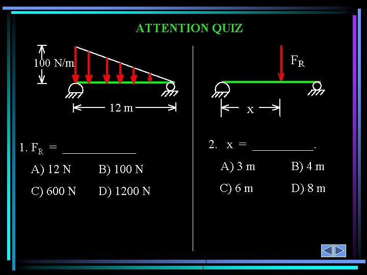 ATTENTION QUIZ FR 100 N/m 12 m 1. FR = ______ x 2. x