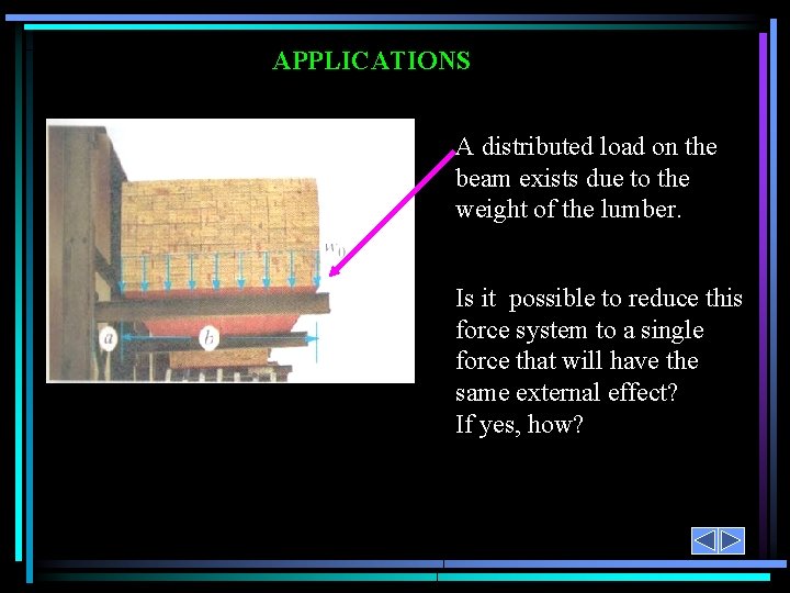 APPLICATIONS A distributed load on the beam exists due to the weight of the