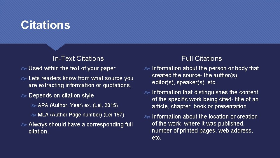 Citations In-Text Citations Used within the text of your paper Lets readers know from