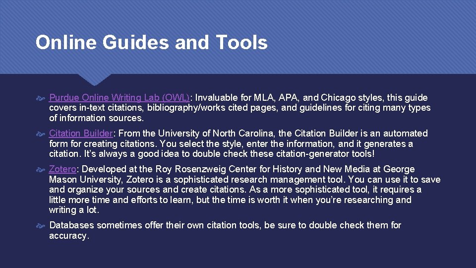 Online Guides and Tools Purdue Online Writing Lab (OWL): Invaluable for MLA, APA, and