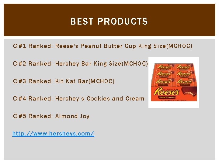 BEST PRODUCTS #1 Ranked: Reese's Peanut Butter Cup King Size(MCHOC) #2 Ranked: Hershey Bar