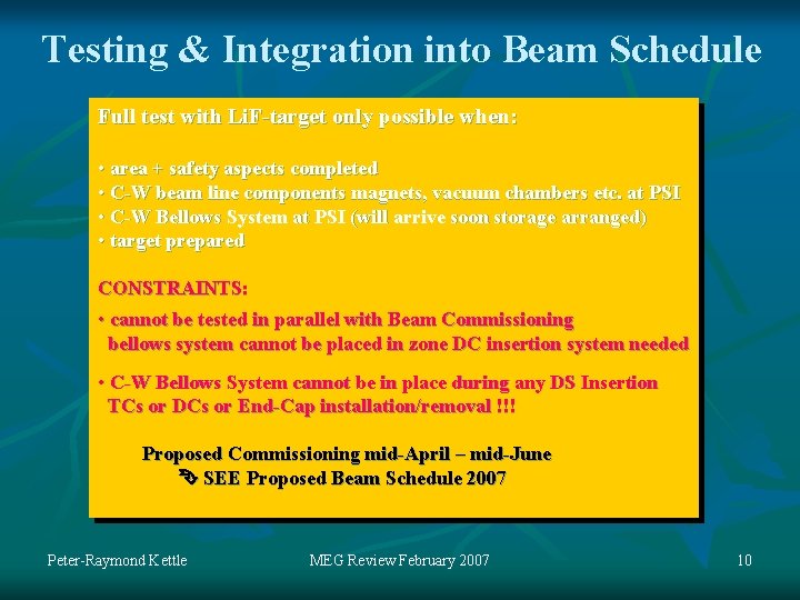 Testing & Integration into Beam Schedule Full test with Li. F-target only possible when: