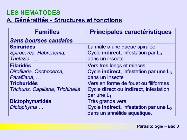 LES NEMATODES A. Généralités - Structures et fonctions Parasitologie – Bac 3 