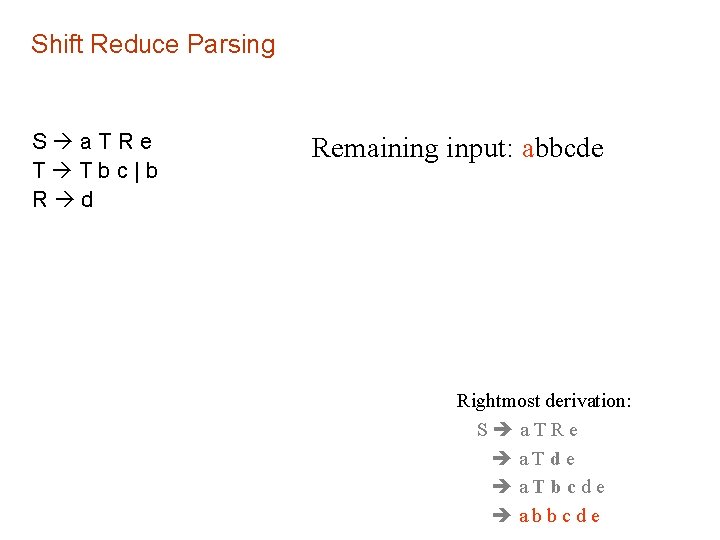 Shift Reduce Parsing S a. TRe T Tbc|b R d Remaining input: abbcde Rightmost