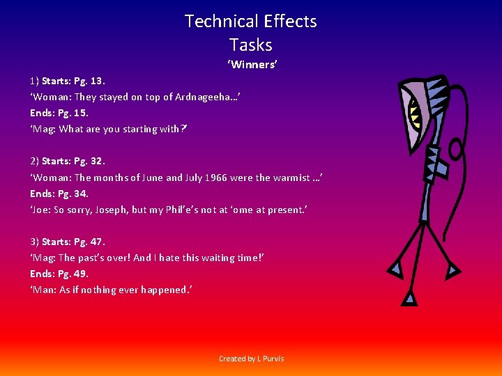 Technical Effects Tasks ‘Winners’ 1) Starts: Pg. 13. ‘Woman: They stayed on top of
