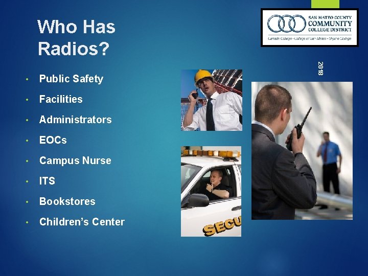 Who Has Radios? Public Safety • Facilities • Administrators • EOCs • Campus Nurse
