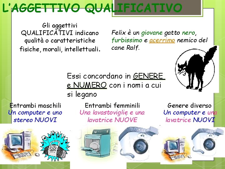 L’AGGETTIVO QUALIFICATIVO Gli aggettivi QUALIFICATIVI indicano qualità o caratteristiche fisiche, morali, intellettuali. Felix è