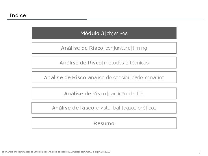 Índice Módulo 3|objetivos Análise de Risco|conjuntura|timing Análise de Risco|métodos e técnicas Análise de Risco|análise