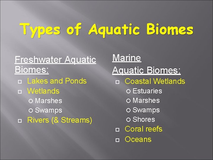 Types of Aquatic Biomes Freshwater Aquatic Biomes: Lakes and Ponds Wetlands Marine Aquatic Biomes: