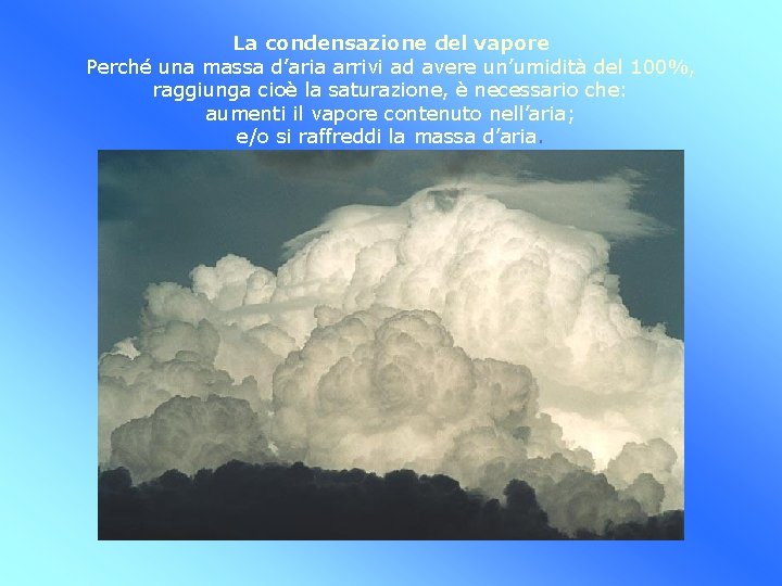 La condensazione del vapore Perché una massa d’aria arrivi ad avere un’umidità del 100%,