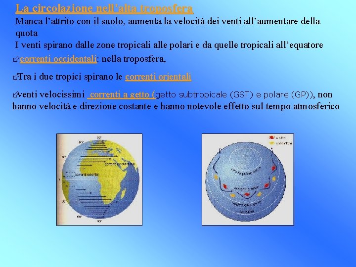 La circolazione nell’alta troposfera Manca l’attrito con il suolo, aumenta la velocità dei venti