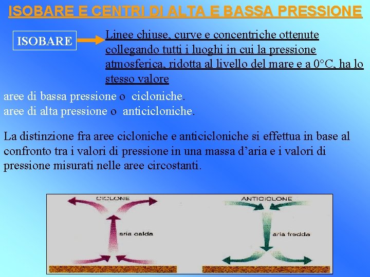 ISOBARE E CENTRI DI ALTA E BASSA PRESSIONE Linee chiuse, curve e concentriche ottenute